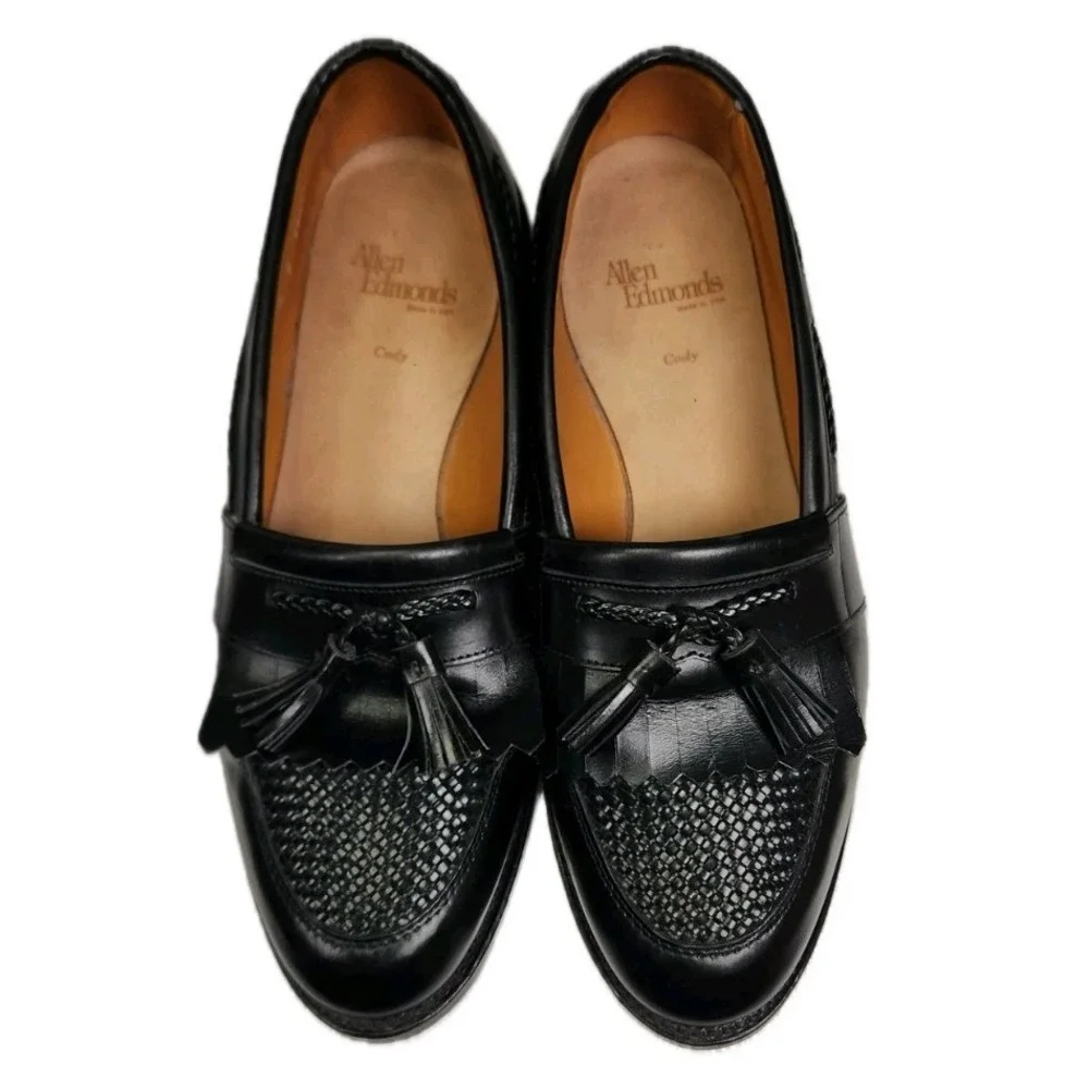 Allen Edmonds Black Leather Tassel Loafer Woven Vamp Men's 10.5 D USA Dress Shoe
